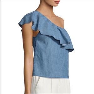 ALICE + OLIVIA Chambray Denim CALLA Exaggerated Ruffle One Shoulder Top Large